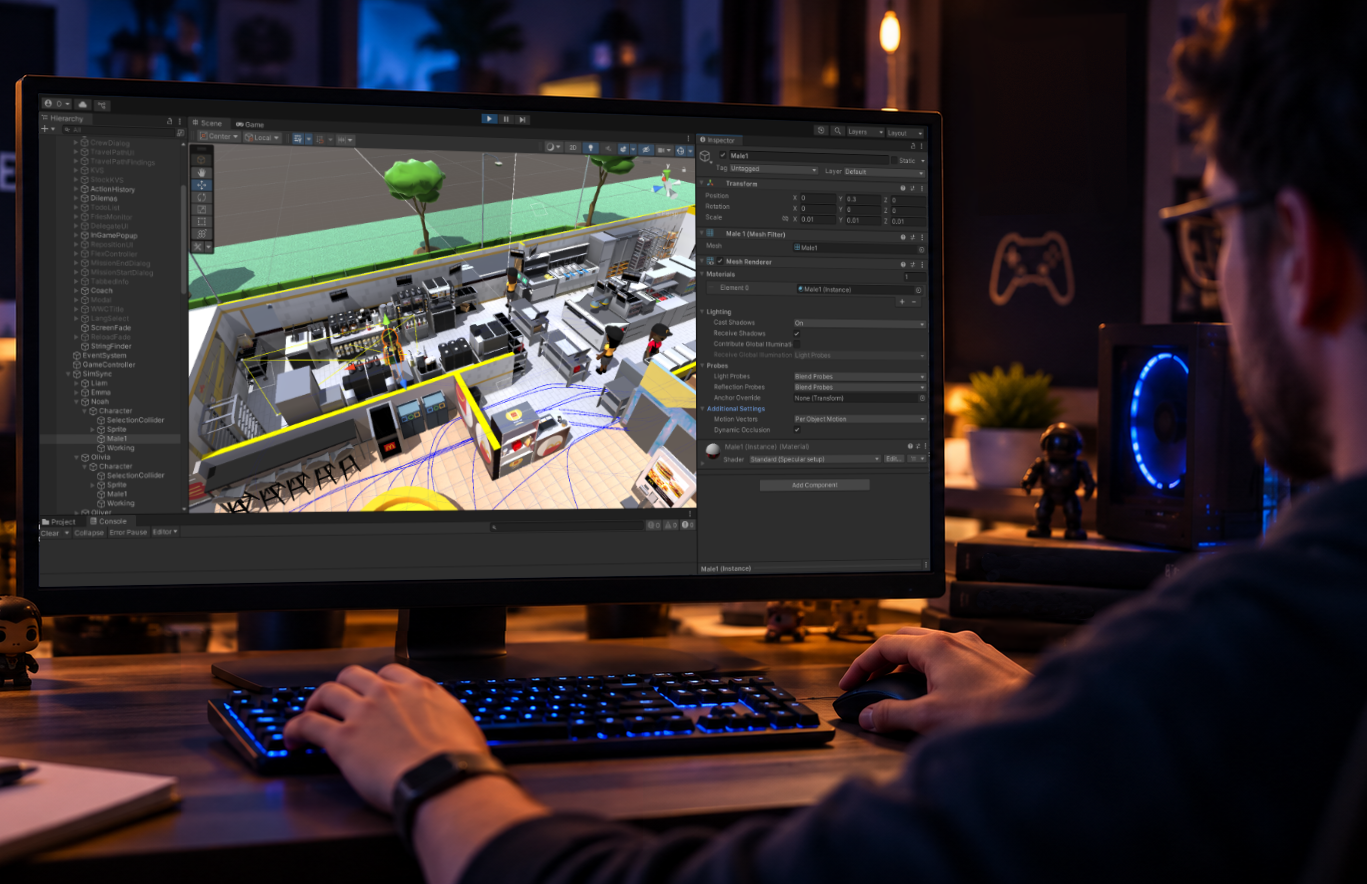 A developer’s hands on a controller or keyboard, a vibrant 3D game scene glowing on the monitor in a dim studio - conveys craft and immersive interactivity.